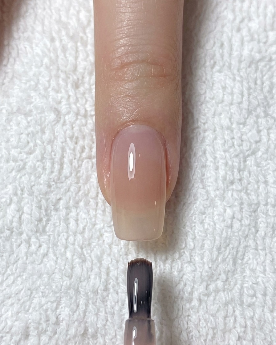 Ein professioneller Nagelpinsel trägt eine halbtransparente Nude-Gelbasis auf einen vorbereiteten Naturnagel auf.