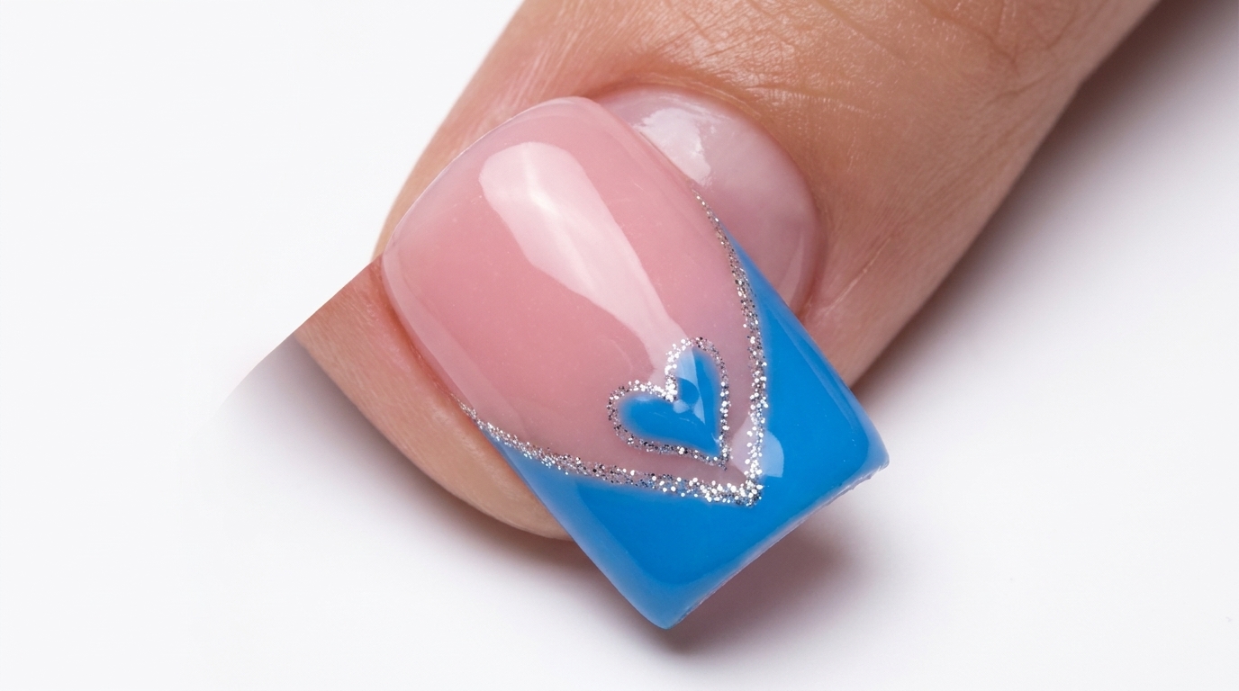 Ein quadratischer Nagel mit einer leuchtend blauen French-Tip und einem passenden blauen Herz am Ansatz, verziert mit silbernen Glitzerakzenten.