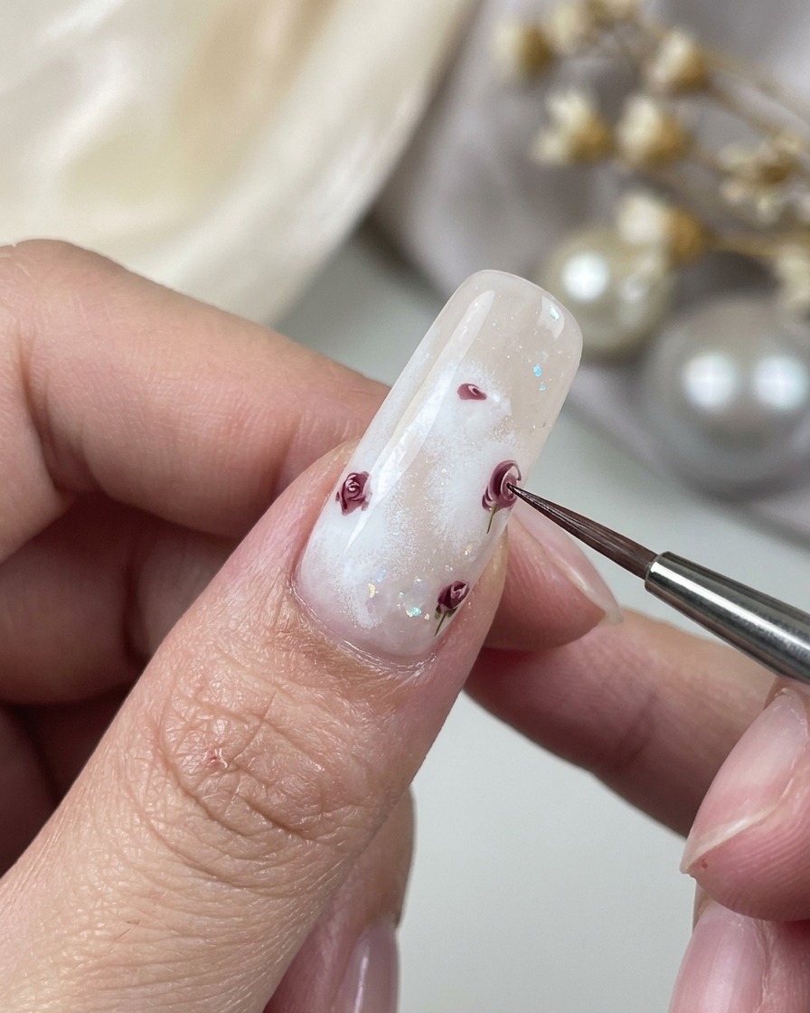 Ein Detailpinsel fügt etwas größere geschwungene Blätter an den Seiten eines teilweise gemalten Rosendesigns hinzu.