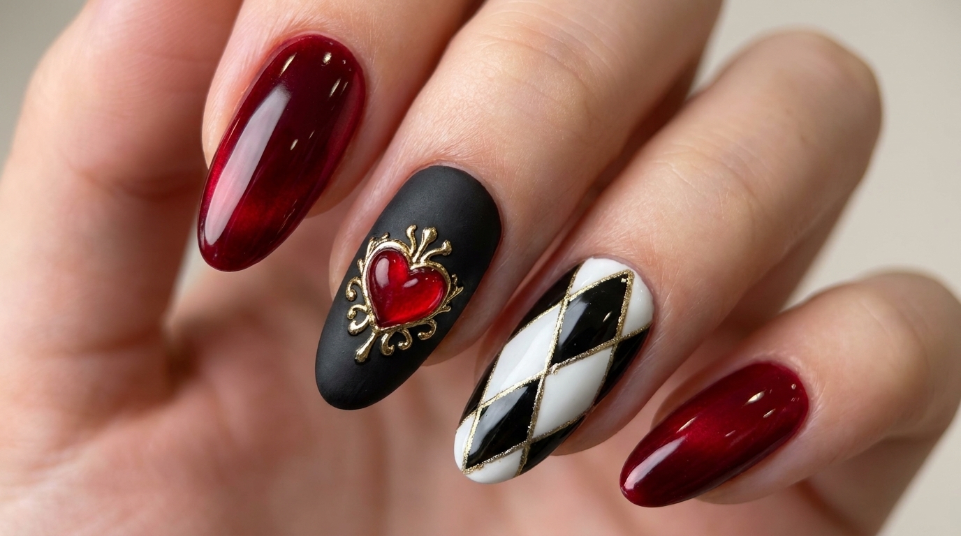 Eine raffinierte Maniküre mit tiefroten Hochglanznägeln, einem mattschwarzen Nagel mit gold umrandetem Herz und einem klaren schwarz-weißen Argyle-Muster.