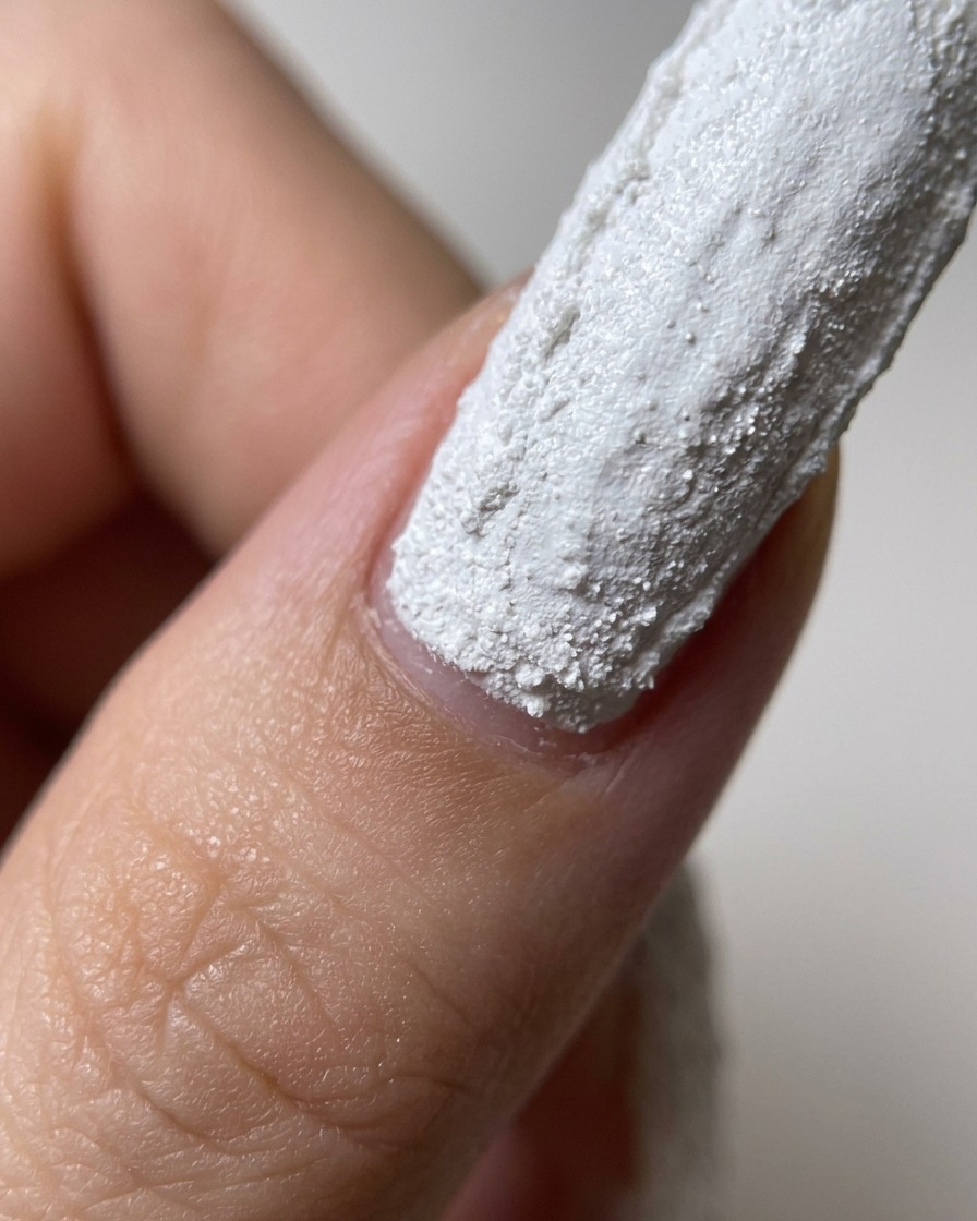 Ein Pinsel trägt eine Schicht matten Top Coat über der ausgehärteten, strukturierten weißen Nageloberfläche auf.
