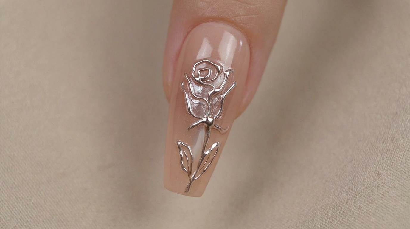 Detailaufnahme einer silbernen 3D-Metallic-Rose auf einem polierten Nude-Untergrund.