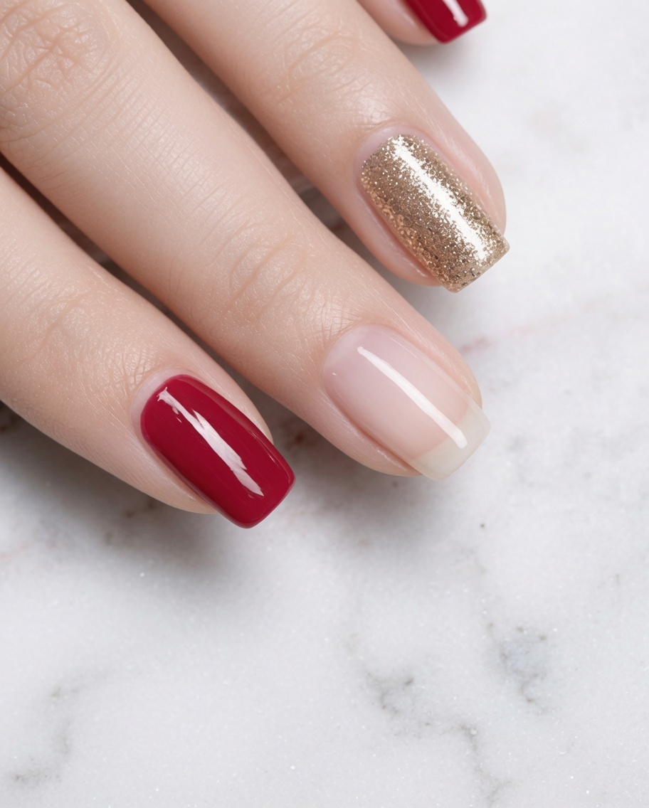 Ein Pinsel trägt eine Schicht des eleganten Roségold-Lacks auf den Zeigefinger auf.