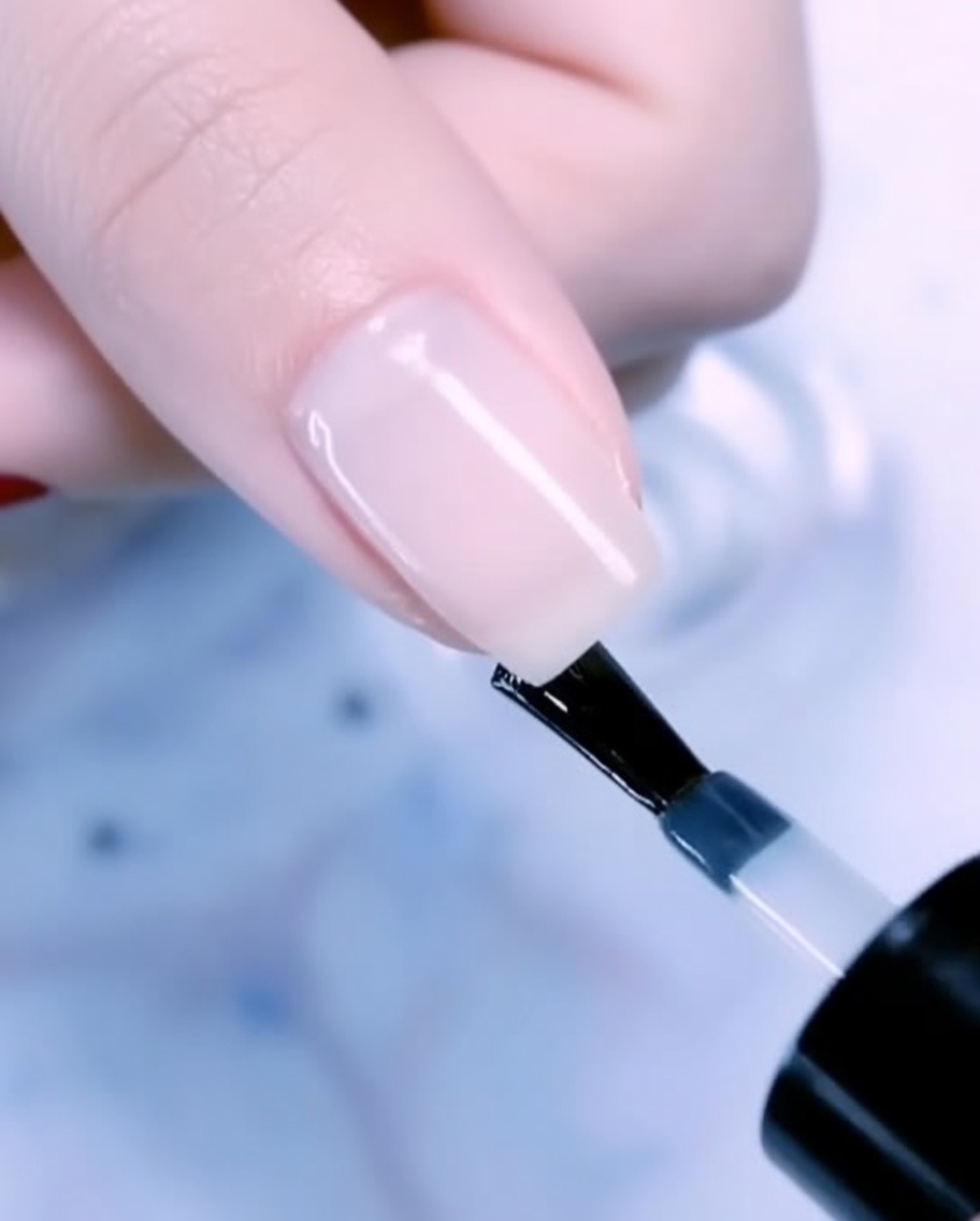 Ein Pinsel platziert einen einzelnen Tropfen Roségold-Gel an der Basis eines Daumennagels.