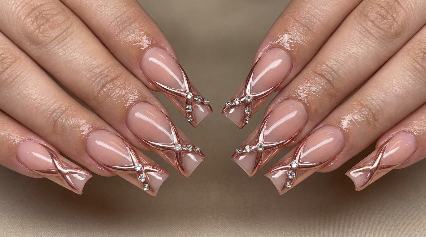 Roségold Chrome & Rhinestone 3D-Line Nails – Schritt-für-Schritt-Anleitung