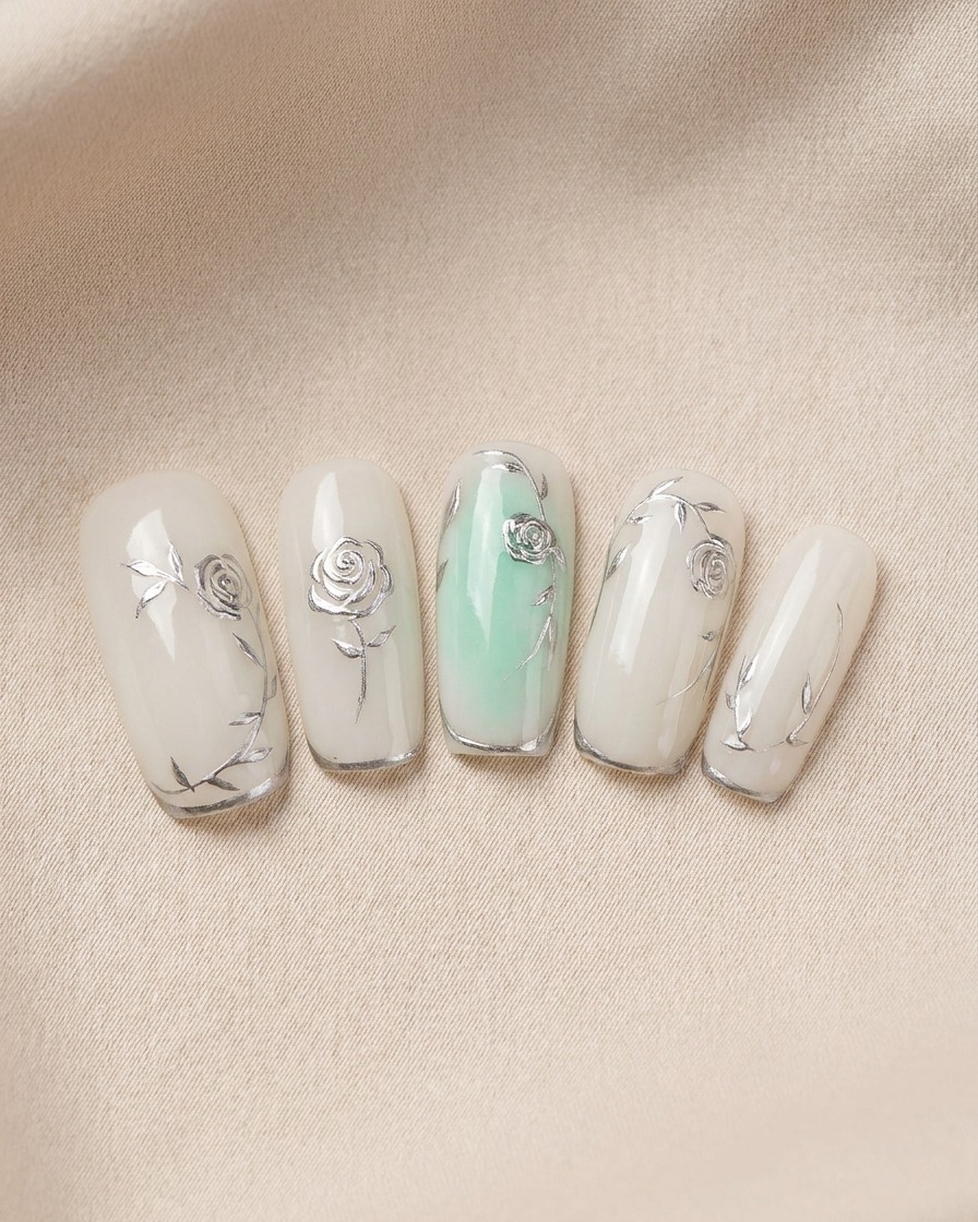 Ein Pinsel trägt klaren Top Coat über das fertiggestellte Metallic-Design auf.
