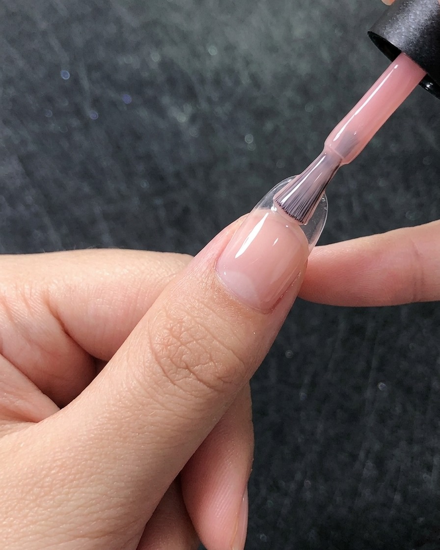 Ein Pinsel trägt eine zweite Schicht des durchscheinenden rosa Gels auf und zeigt eine glatte Abdeckung auf dem Nagel.