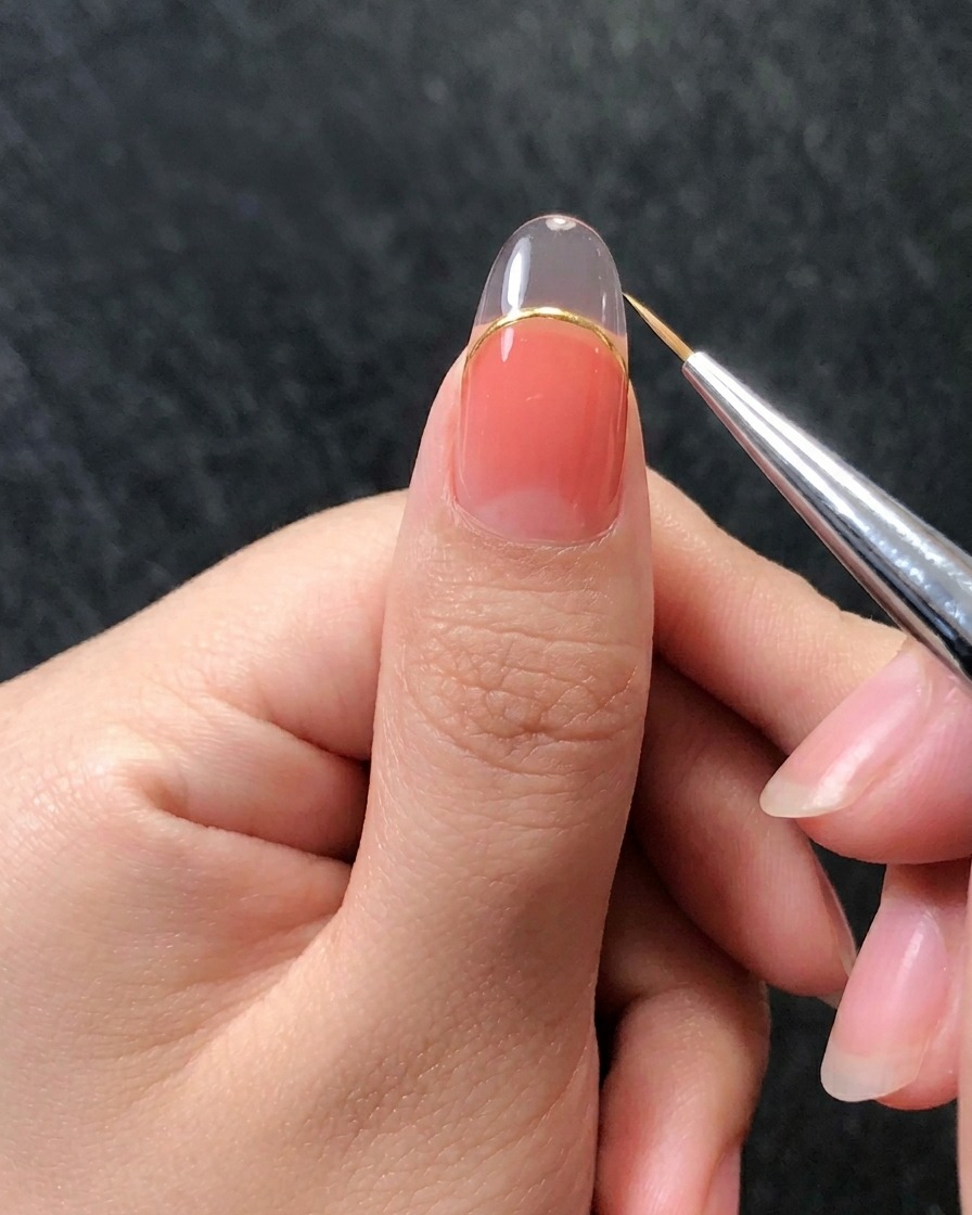 Nahaufnahme eines Liner-Pinsels, der vertikale, erhabene Linien auf dem Nagel zieht, um ein Muschelmuster zu imitieren.