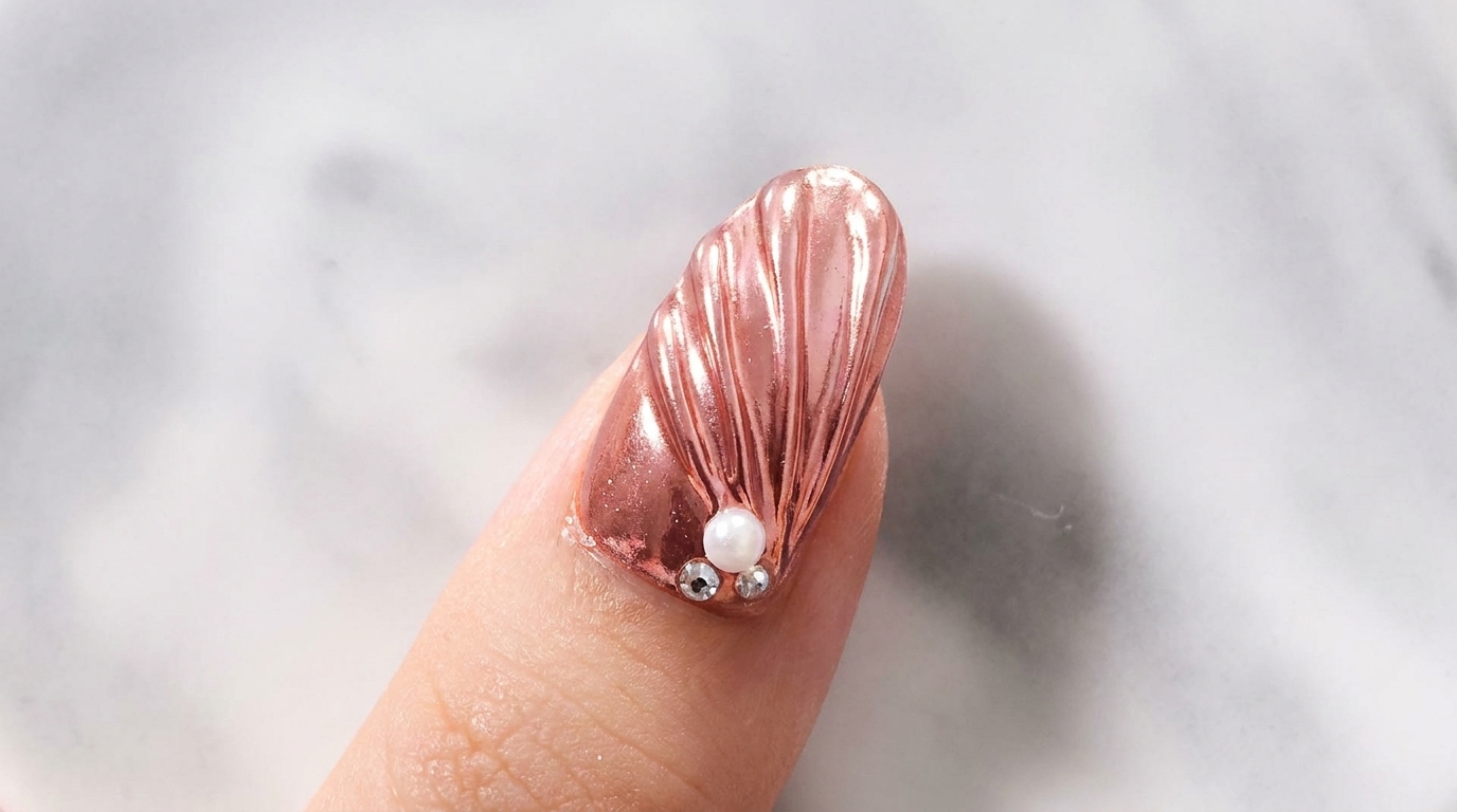 Fertige 3D-Muschel Nail Art in Roségold mit einem metallischen Chrome-Finish und zarten Perlenverzierungen an der Nagelhaut.
