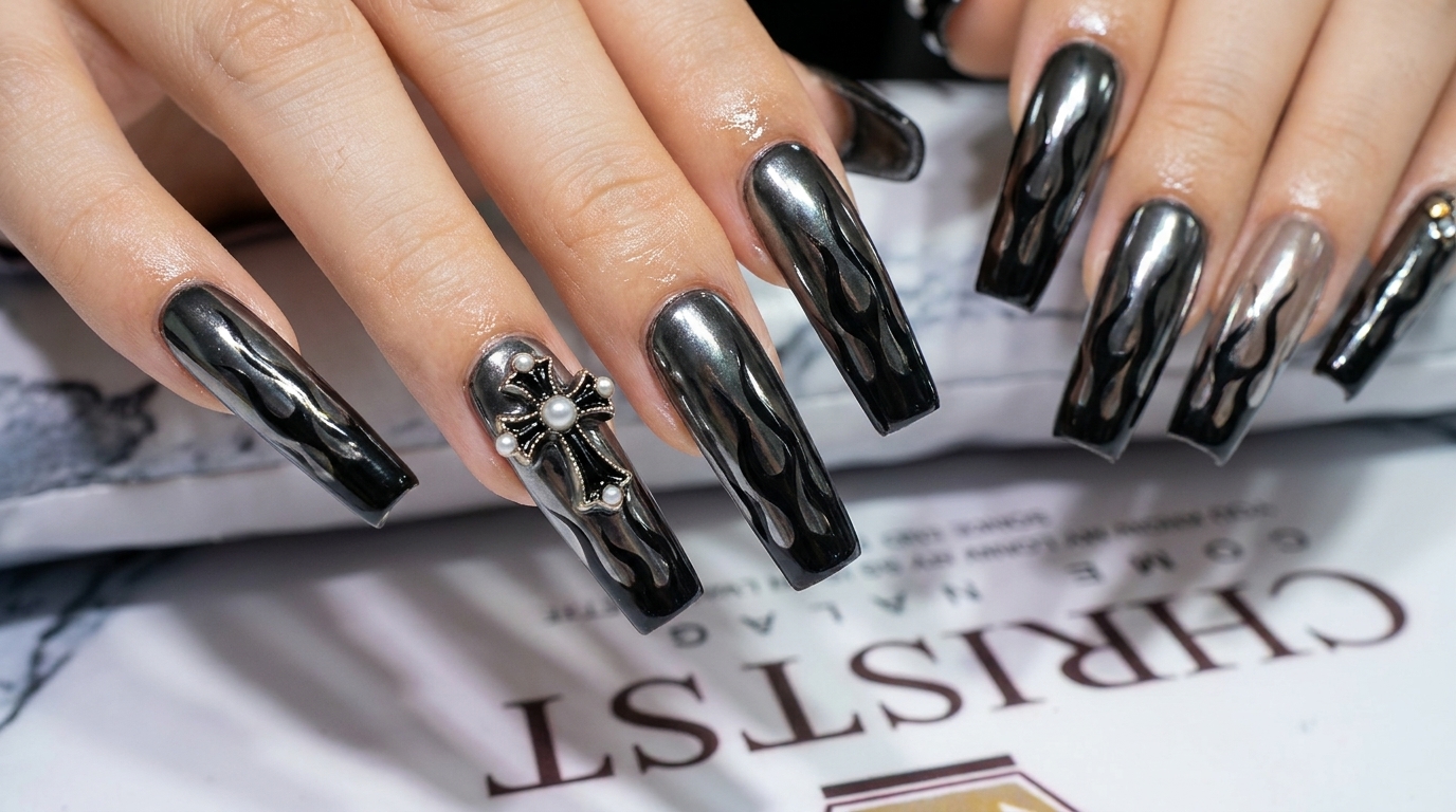Beeindruckende lange quadratische Black Chrome Nägel mit handgemaltem schwarzen Flammen-Design und einem dekorativen Kreuz-Akzent.