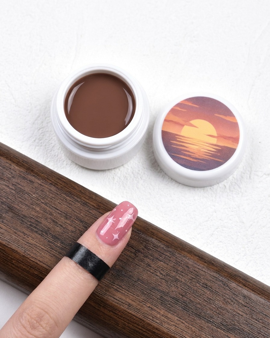 Nahaufnahme eines manikürten Nagels mit Stern-Design, der eine letzte Schicht nivellierendes Gel erhält.