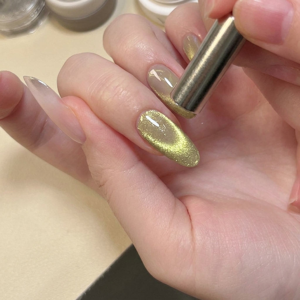 Ein zylindrischer Magnet wird seitlich an den nassen Nagel gehalten, um das Pigment zu bewegen.