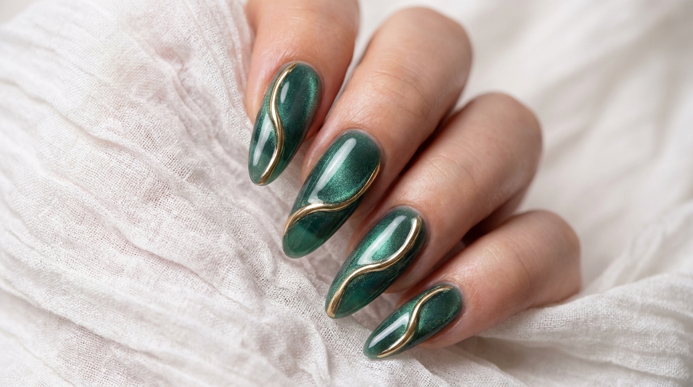 Lake Green Cat Eye Nägel mit 3D Gold-Chrome-Akzenten — Schritt-für-Schritt Anleitung
