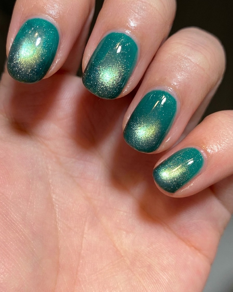 Eine Hand hält ein Fläschchen mit seegrünem Cat-Eye-Gel vor einem schlichten Hintergrund.
