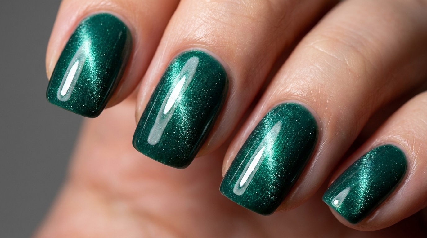 Nahaufnahme von tiefgrünen Cat-Eye-Gelnägeln mit einem glänzenden, edelsteinartigen Finish und einem schimmernden, diagonalen Lichtband.