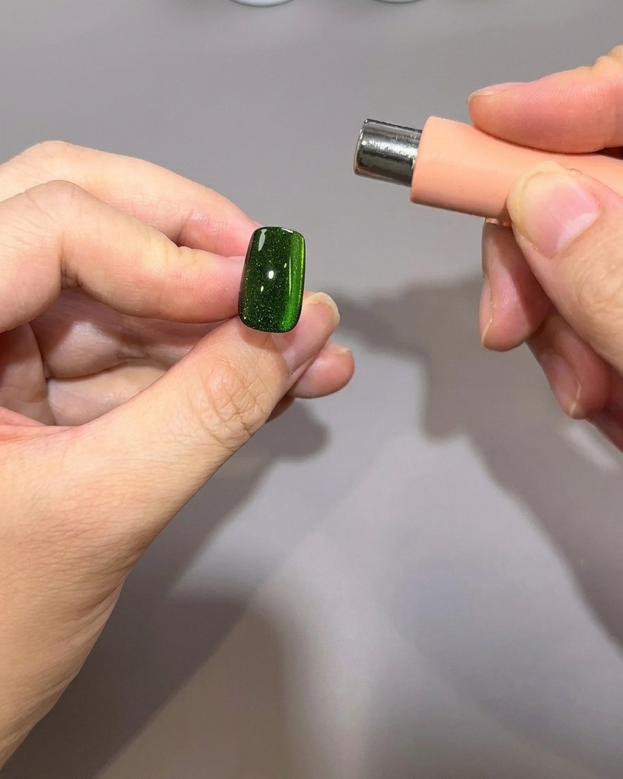 Ein zylindrischer Magnet wird parallel zum linken Fingernagelrand gehalten, um die magnetischen Gelpartikel zu bewegen.