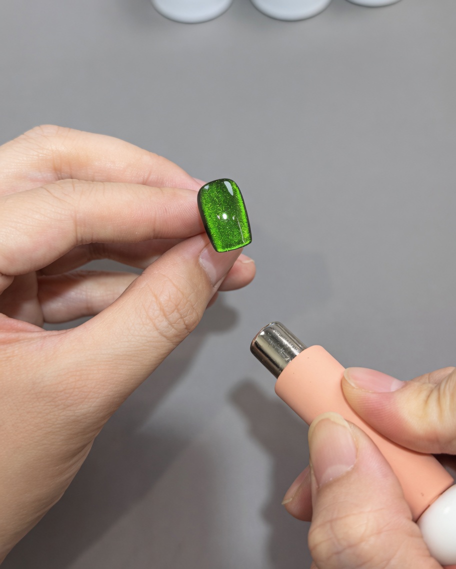 Ein Magnet wird über die Nagelspitze geführt, um das mittig positionierte magnetische Lichtband zu verfeinern.