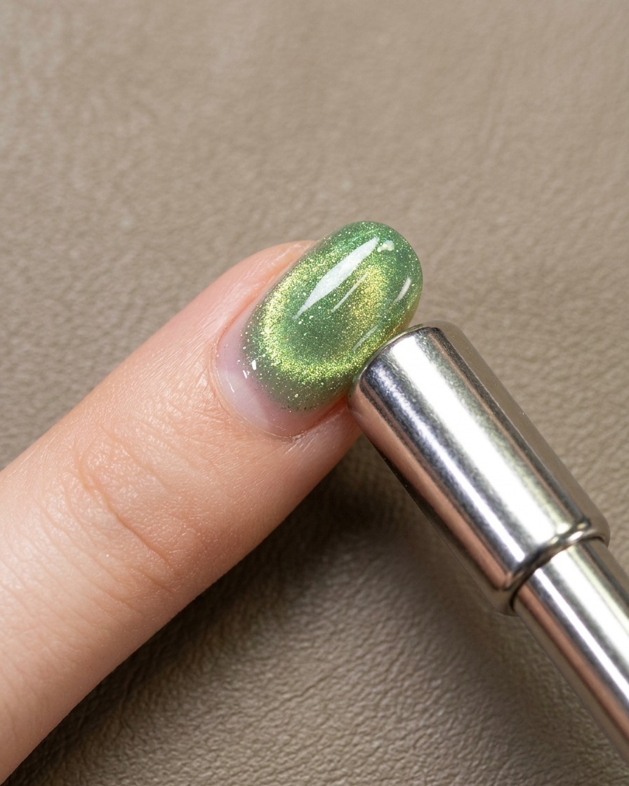 Detailaufnahme der Nageloberfläche, die zeigt, wie die magnetischen Pigmente beginnen, einen fokussierten Cat-Eye-Schimmer zu bilden.