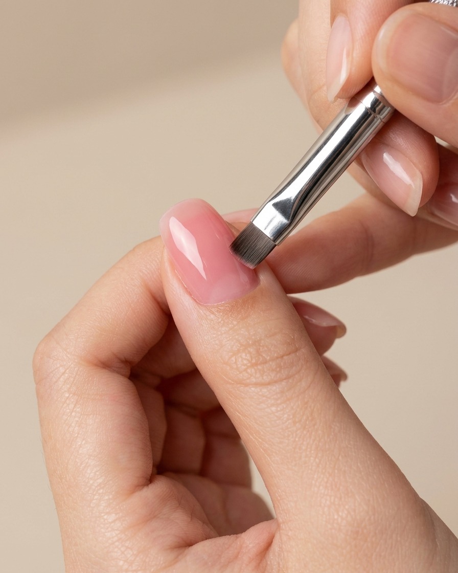 Ein Gelpinsel trägt eine Schicht durchscheinenden, nuden-pinken Lack über einen Nagel mit einer ausgehärteten Blush-Mitte auf.