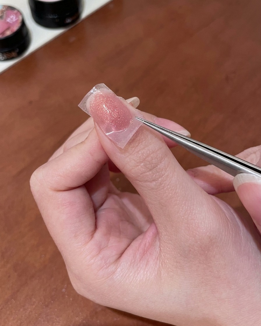 Eine Person zieht mit einer feinen Metallpinzette vorsichtig einen durchscheinenden Schablonenaufkleber von einem nude-pinken Nagel ab und legt eine zarte goldene Schmetterlingsform frei.