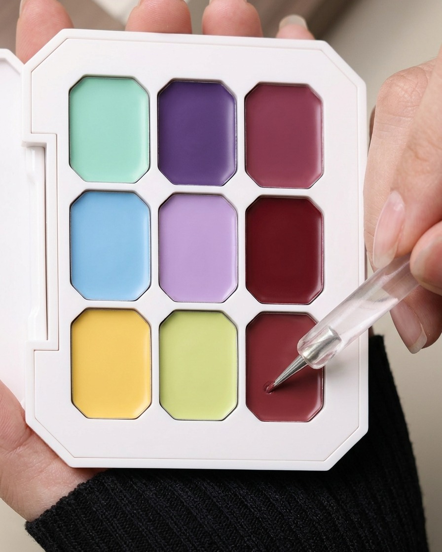 Ein kleines Punktierwerkzeug nimmt farbiges Gel von einer Palette auf, um einen Blush-Effekt auf die Nagelmitte aufzutragen.