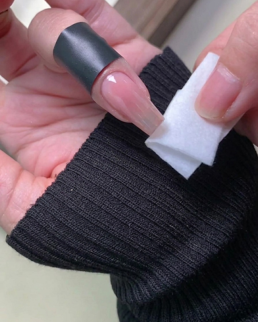 Ein fusselfreies Tuch wird verwendet, um die Haut um die Nagelränder zu reinigen und überschüssiges irisierendes Puder zu entfernen.