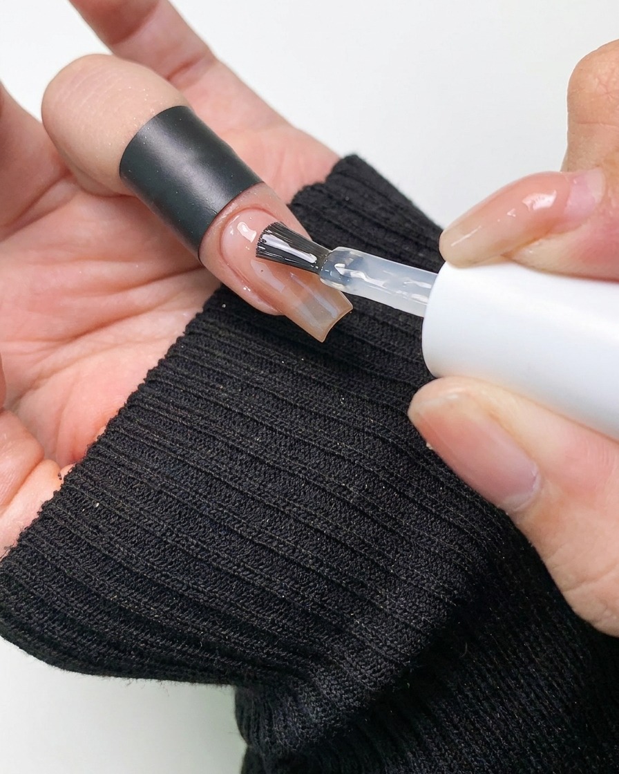 Eine Bürste trägt einen klaren, glänzenden Top Coat über eine Nageloberfläche auf, die ein dezentes Aurora-Puder-Finish hat.