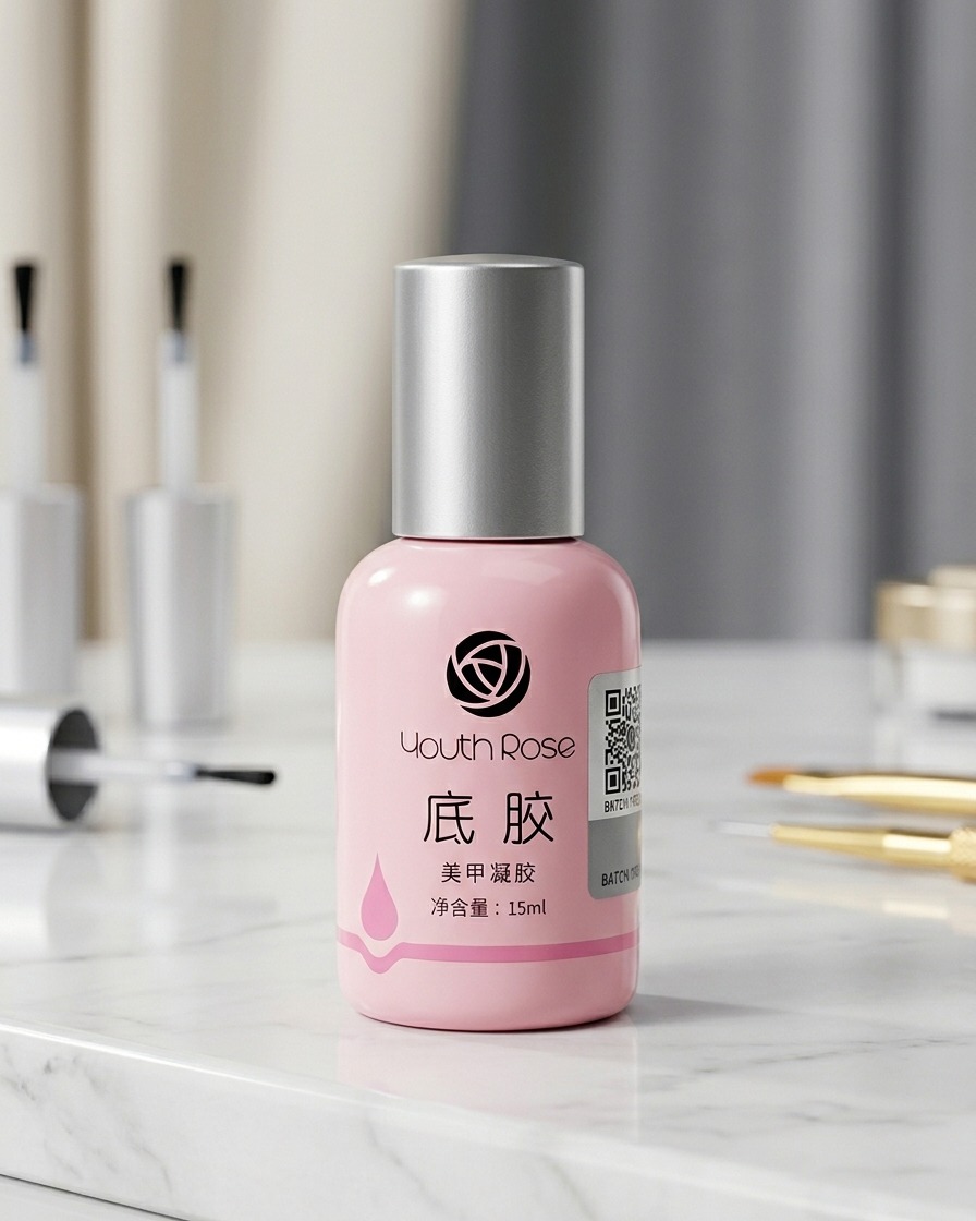 Nahaufnahme eines Nagelpinsels, der eine kleine Menge rotes Blush-Gel in die Mitte eines bereits grundierten Nagels aufträgt.