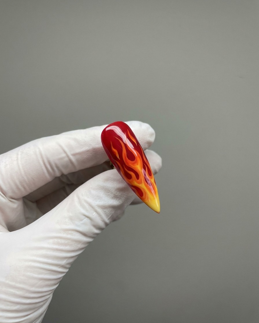 Rotes Farbgel, das direkt über dem schwarzen Bereich auf einem Nagel aufgetragen wird.