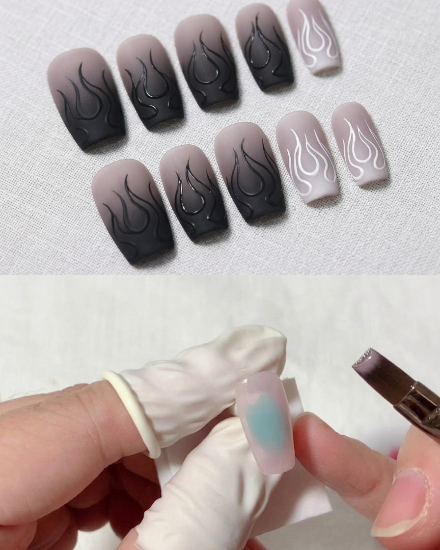 Nahaufnahme eines Pinsels, der das rosa Jelly-Gel gleichmäßig in Richtung der Nagelspitze verteilt.