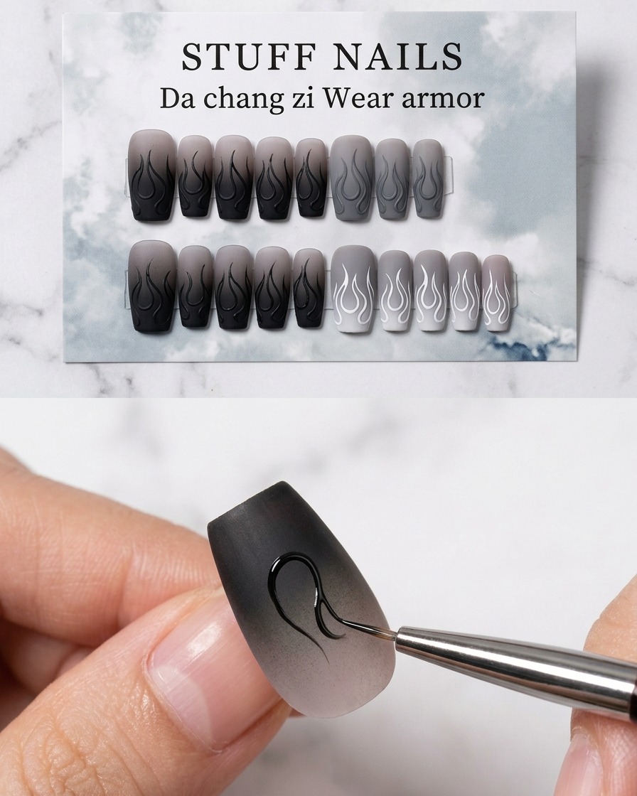 Ein feiner Liner-Pinsel definiert die äußere rechte Kante des schwarzen Flammendesigns auf dem Nagel.