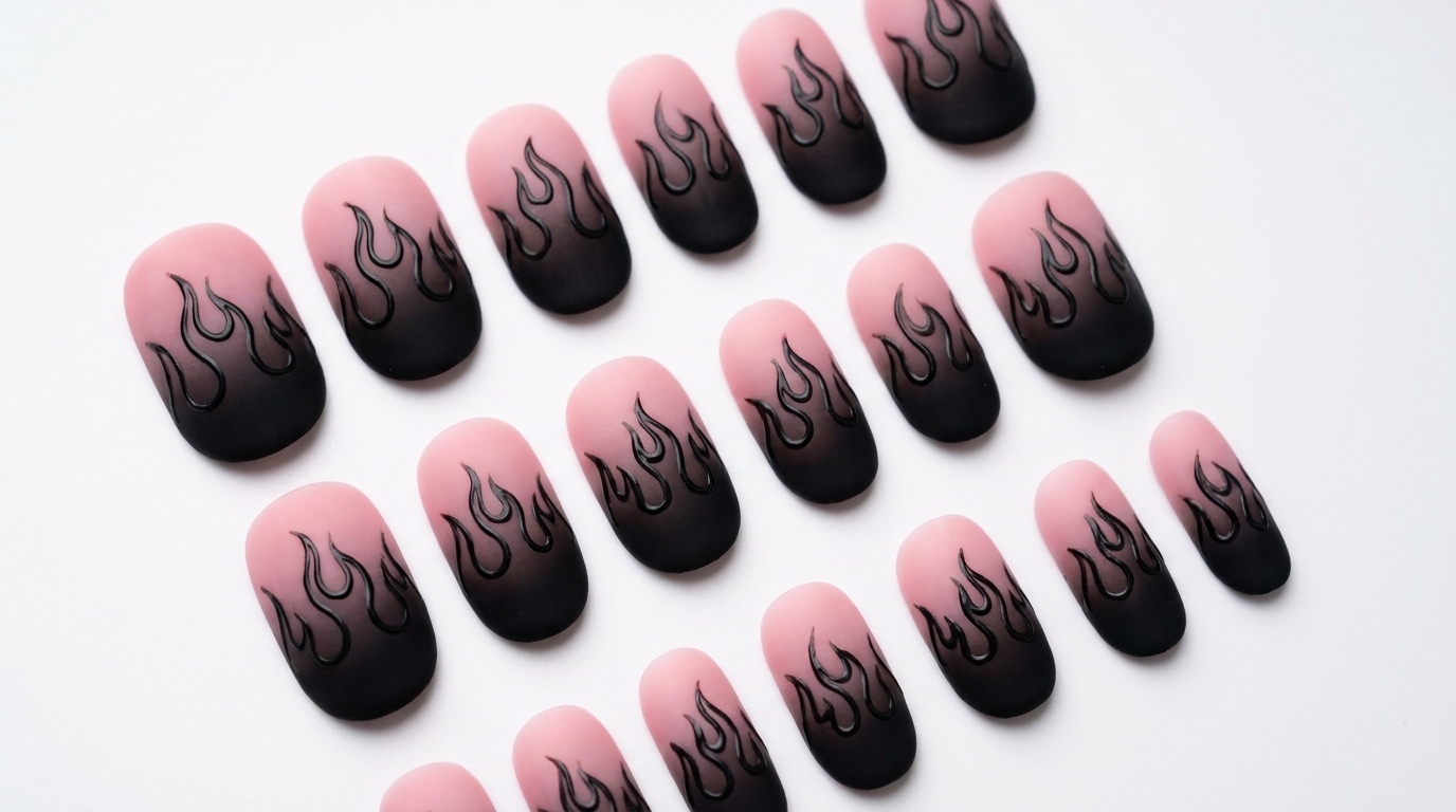 Mattes Rosa-Schwarz Ombré mit 3D Flammen Nail Art