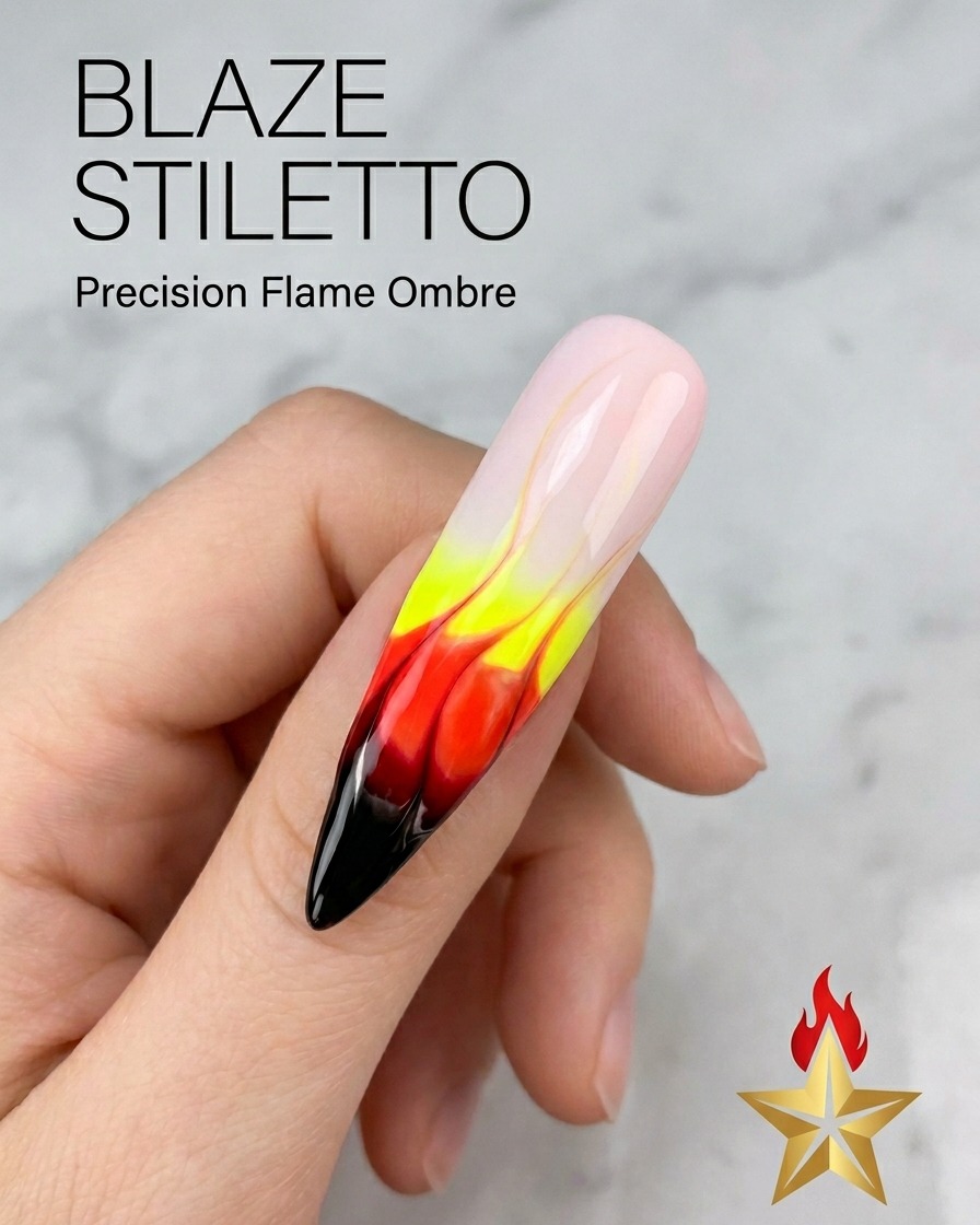 Nahaufnahme eines stilettoförmigen Nagels mit einem fertigen Flammendesign, das einen detaillierten Farbverlauf von Schwarz an der Spitze bis hin zu Gelb zeigt.