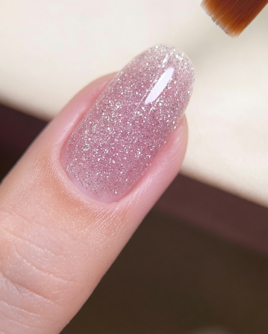 Ein Pinsel trägt eine abschließende, glatte Schicht aus klarem Top Coat über eine glitzernde Nageloberfläche auf.