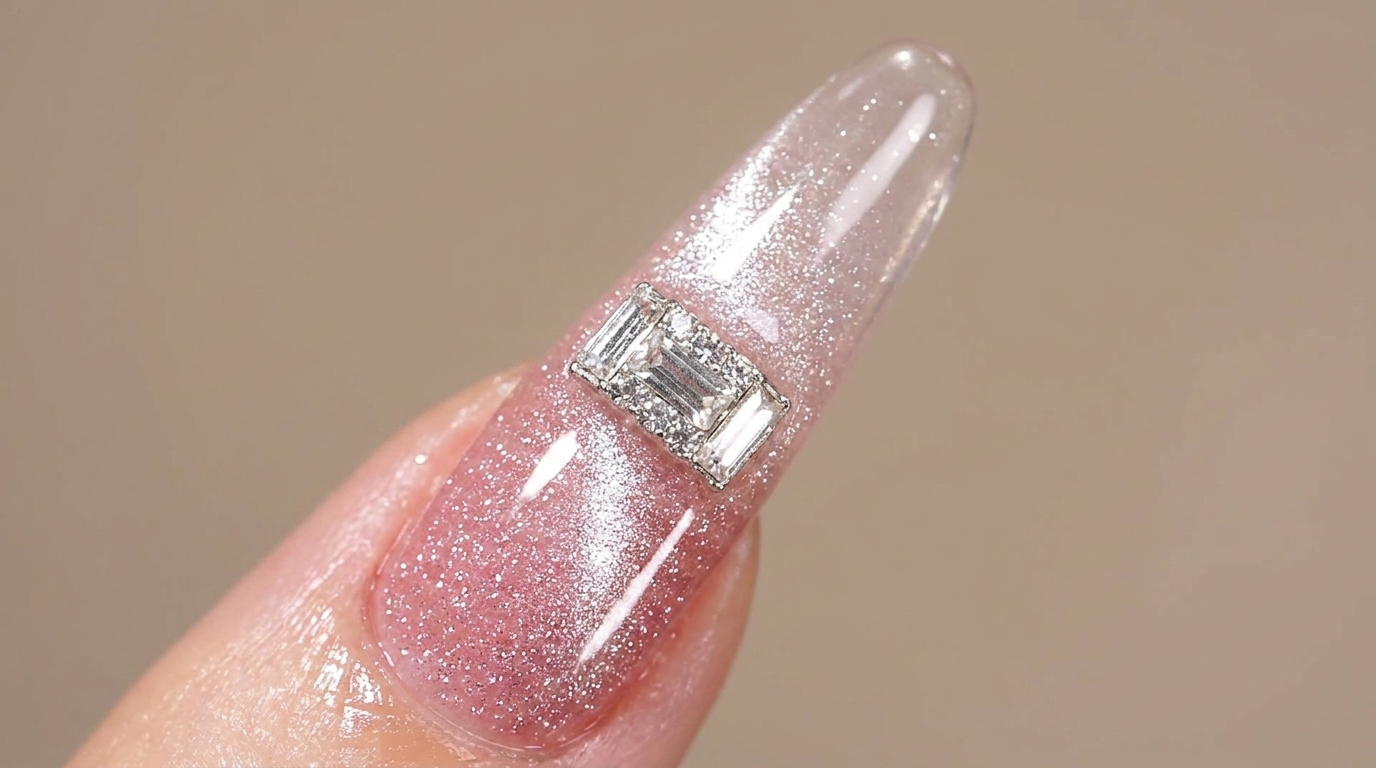 Rosa Glitzer Ombré mit Cat-Eye-Effekt und Strass-Charm