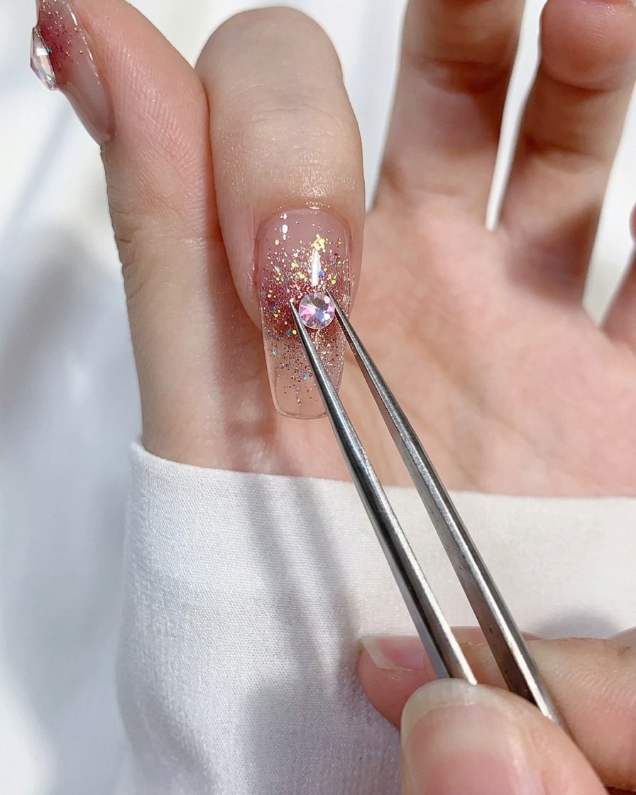 Eine Pinzette platziert einen kleinen rosafarbenen, herzförmigen Strassstein auf einem verzierten Glitzernagel.