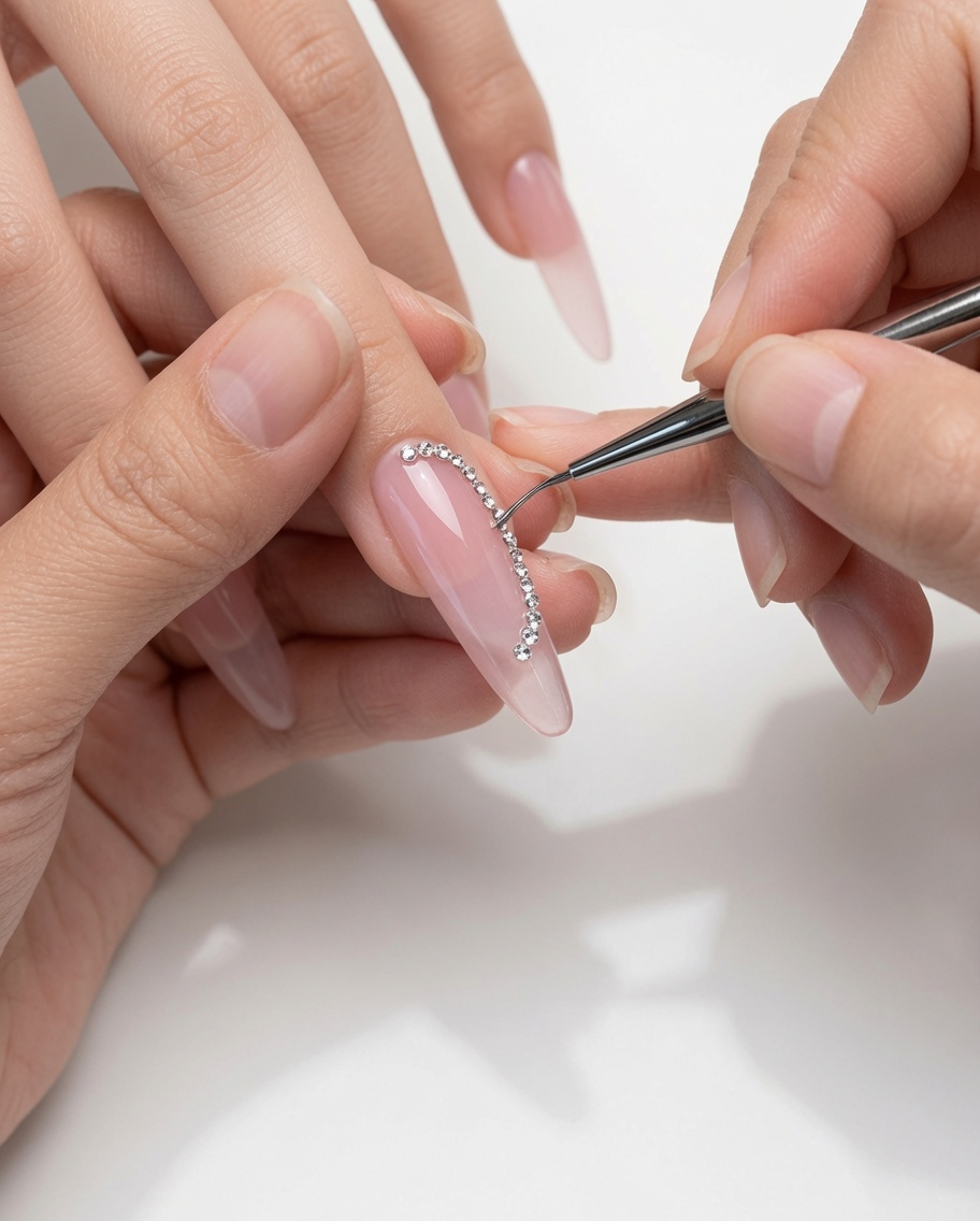 Nahaufnahme eines Detailpinsels, der die Kurve einer French-Spitze aus Glitzergel perfektioniert.