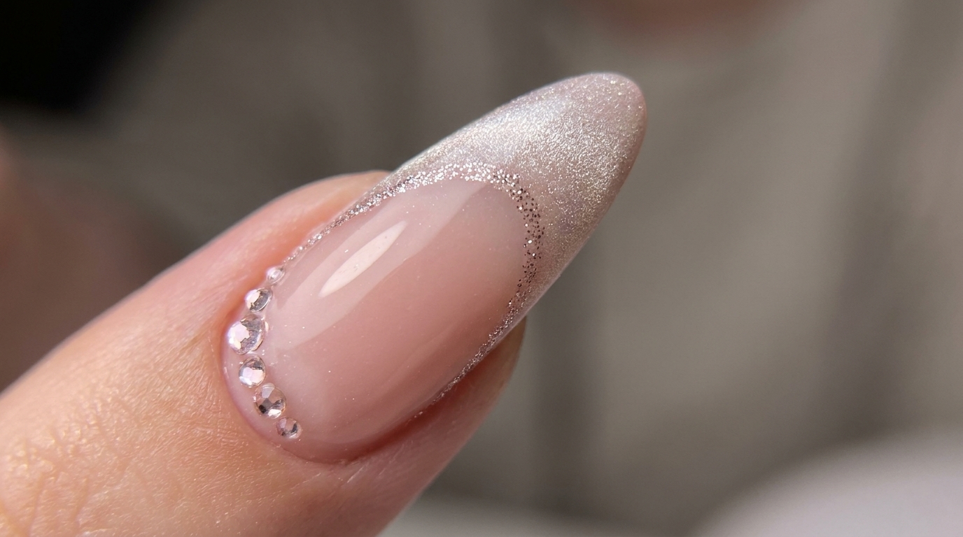 Elegante Cat-Eye French Manicure mit Glitzer-Akzenten