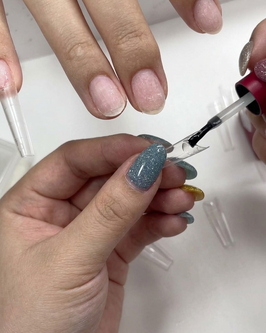 Ein Nagelpinsel trägt klaren Gelkleber auf die Innenseite eines transparenten Nageltips auf.