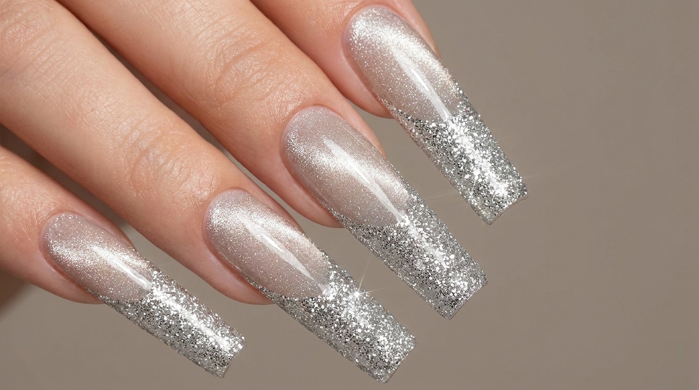 French Glitter Tipps mit Cat-Eye-Basis — Luxuriöses Nageldesign