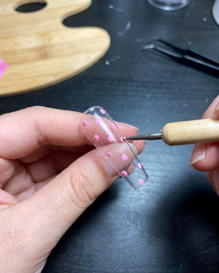 Nahaufnahme einer Hand mit gepunktetem Nageldesign, die in einer UV-Nagellampe positioniert ist.