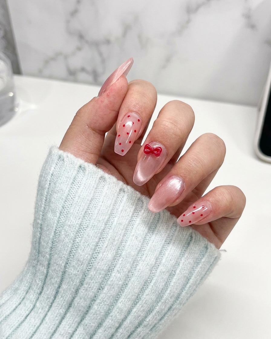 Eine Hand platziert eine kleine, glänzende rote 3D-Schleife in die Mitte eines Fingernagels.