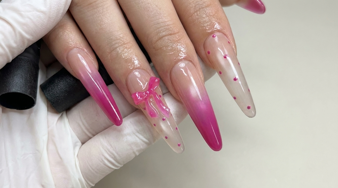 Rosa Schleifen- und Punkte-Gel-Nägel: Schritt-für-Schritt-Anleitung