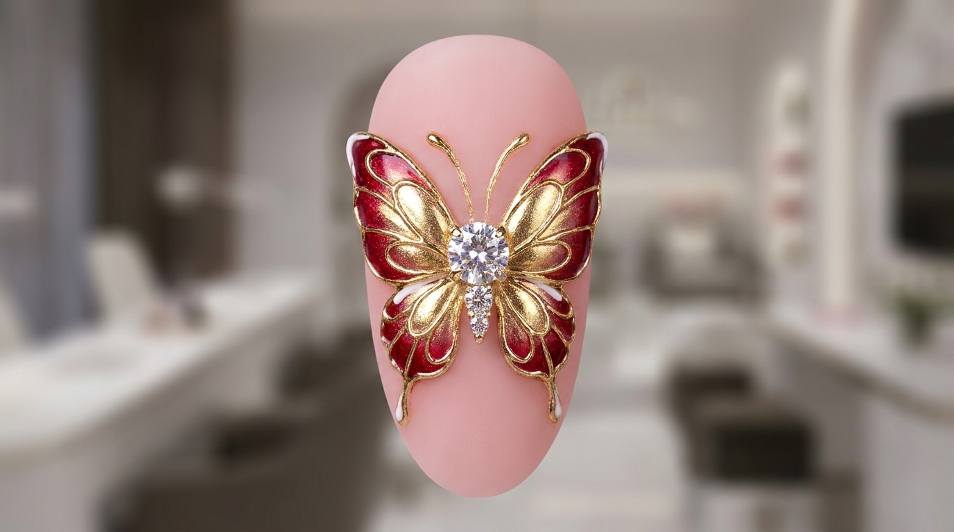 3D-Roter Schmetterling – Elegantes Nageldesign für Silvester