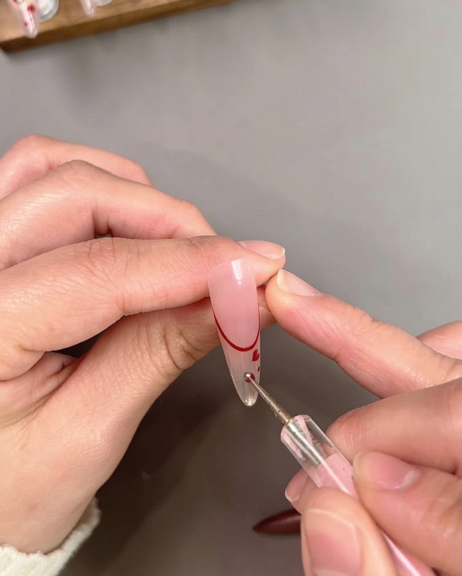 Ein Dotting-Tool trägt kleine rote Gel-Punkte auf einen Nude-Nagel mit roter French-Spitze und kleinen Herz-Details auf.