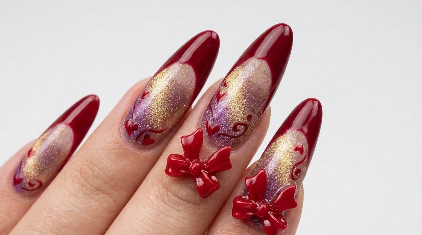 Rote Schleifen-French-Gel-Maniküre — Elegantes Tutorial für Herzakzente