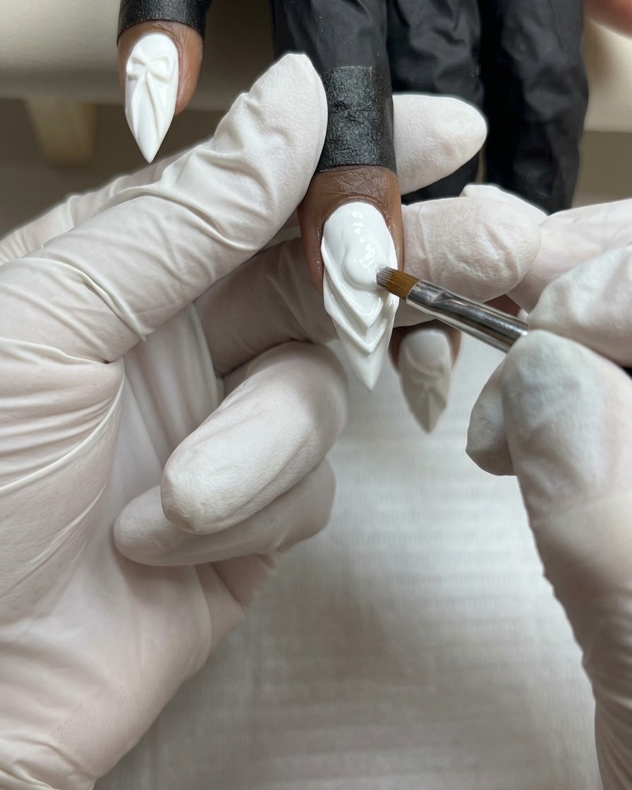 Ein Nagelpinsel verfeinert eine zweite Schicht deckenden, weißen Gels auf einem Fingernagel.