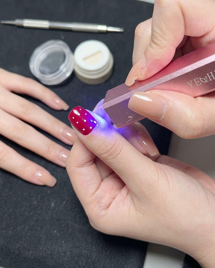 Ein Fingernagel mit weißem Polka-Dot-Design ruht während des Aushärtungsprozesses in einer UV/LED-Lampe.