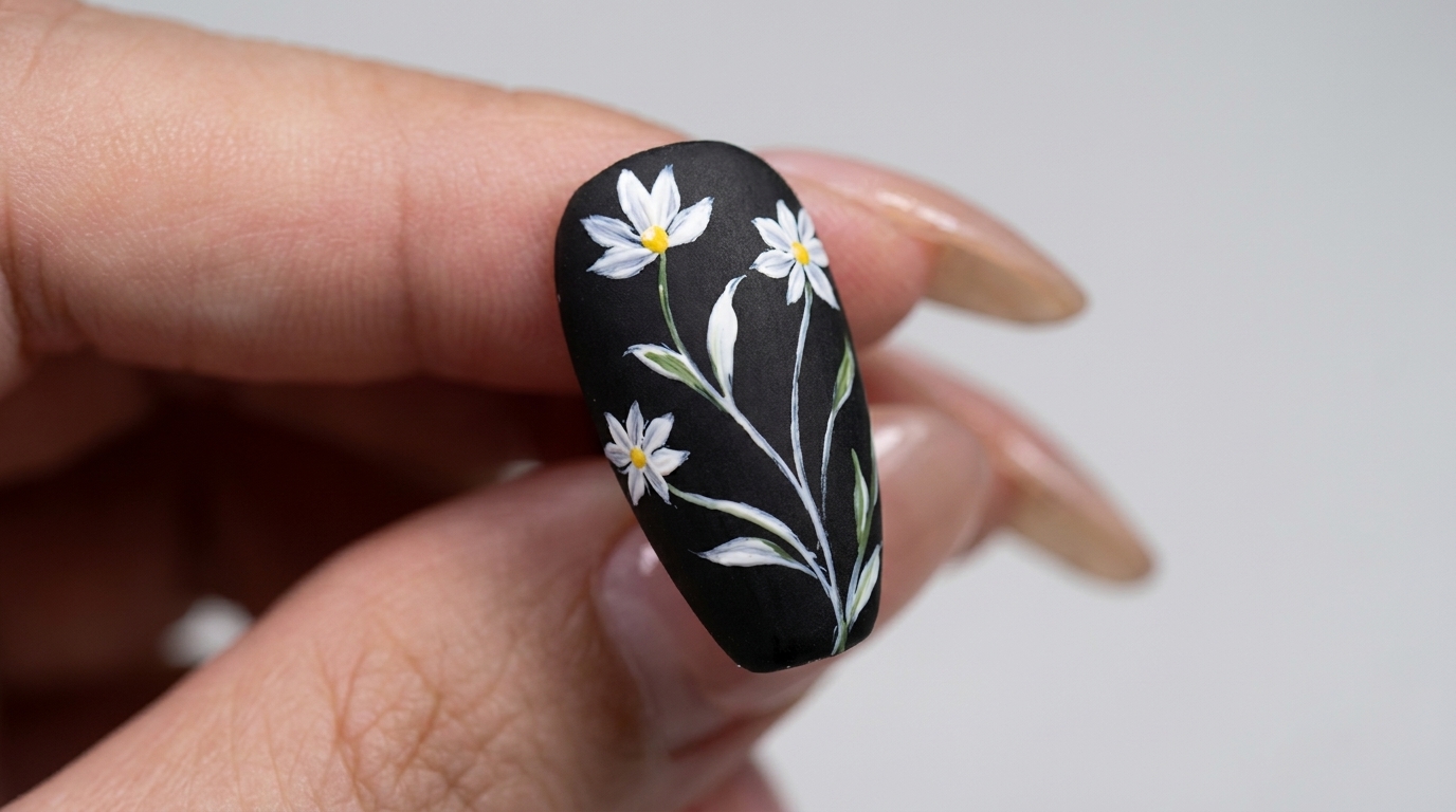 Matte Schwarze Sommer-Gänseblümchen — Florales Nageldesign für Anfänger