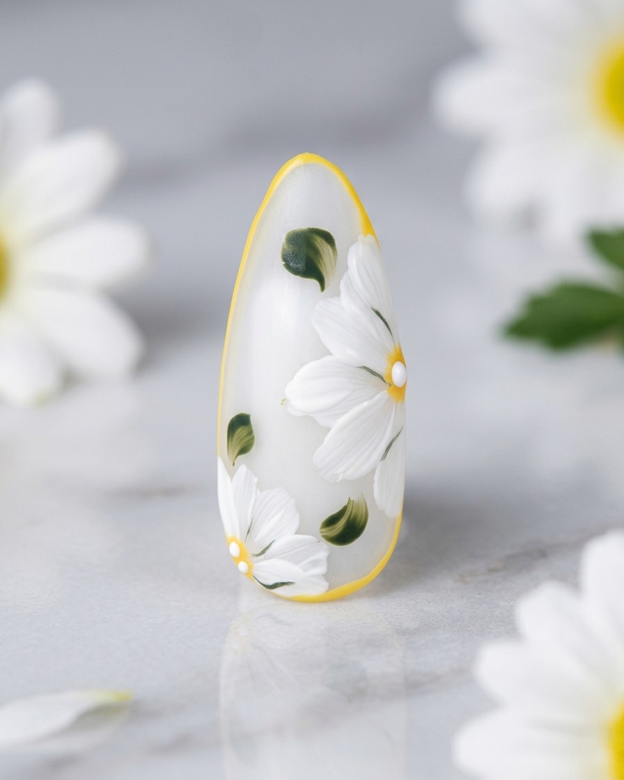Ein fertiger Nagel-Tip zeigt das vollendete Gänseblümchen-Design mit mattem Finish vor einem sauberen, professionellen Hintergrund.